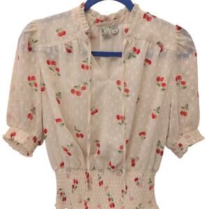 Joie Ivory Swiss Dot Cherry Print Smocked Blouse size XS